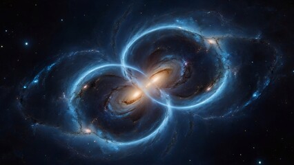 A spiral galaxy collides with another galaxy in space