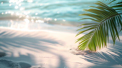 Fototapeta na wymiar palm leaf shadow on abstract white sand beach background, generative ai