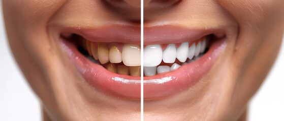 Teeth cleaning and whitening before and after comparison side by side with an empty space for text or product, Generative AI..
