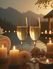 two glasses of champagne in front of a spa pool