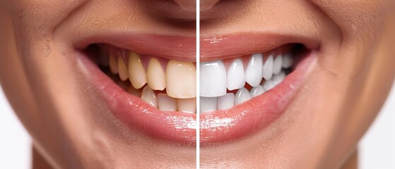 Teeth cleaning and whitening before and after comparison side by side with an empty space for text or product, Generative AI.. - obrazy, fototapety, plakaty