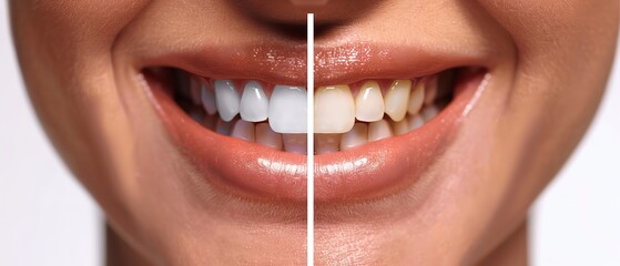 Teeth cleaning and whitening before and after comparison side by side with an empty space for text or product, Generative AI.. - obrazy, fototapety, plakaty