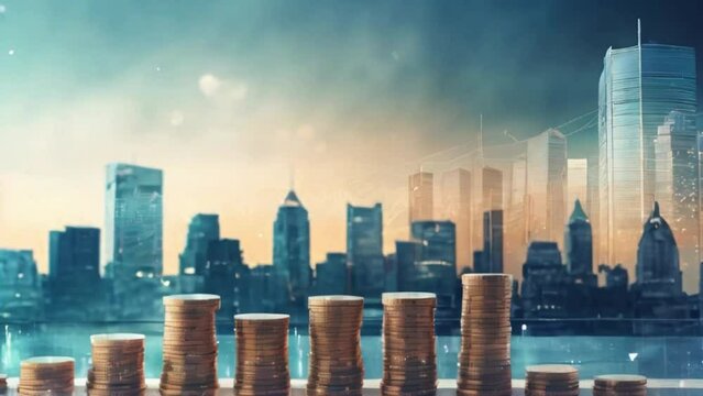 Double exposure of city and rows of coins for finance and banking concept background