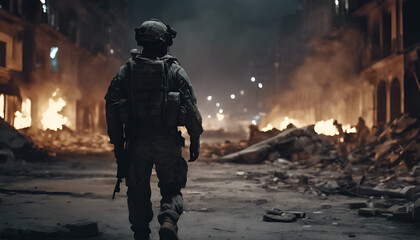 Faceless soldier walking through a destroyed city with rubble