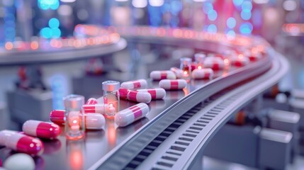 Pharmaceutical Production Line with Capsules, Image showcasing a high-tech pharmaceutical production line with a close-up of capsules in a manufacturing facility. AI