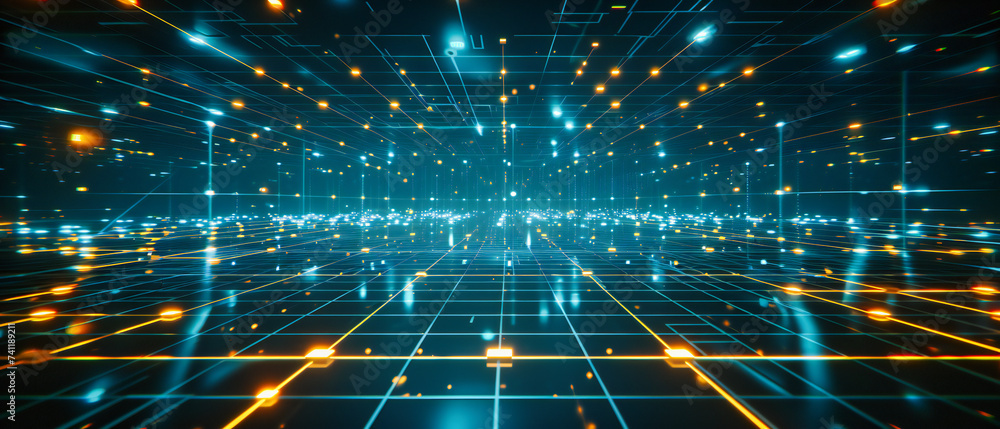 Poster digital cyberspace in blue, abstract technology and information flow, futuristic network in motion