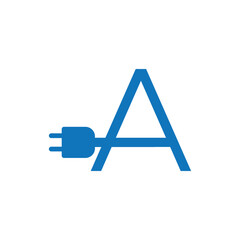 the initial letter a with a blue electrical socket logo
