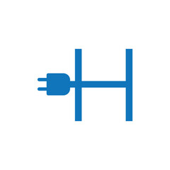 the initial letter h with a blue electrical socket logo