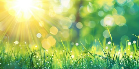 Green grass at sunlight, low angle view banner background - Powered by Adobe