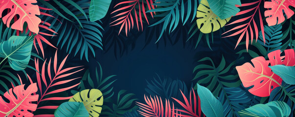 Fototapeta na wymiar Frame border colorful jungle tropical leaves background