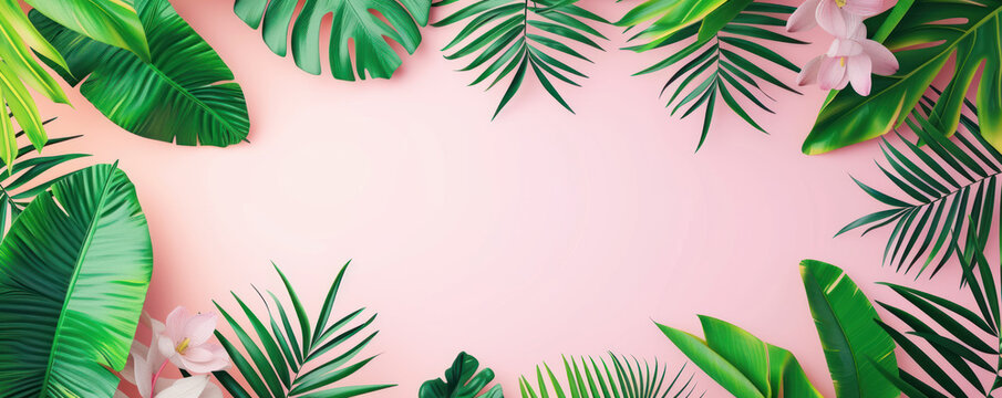 Frame of tropical palm leaves on pink background