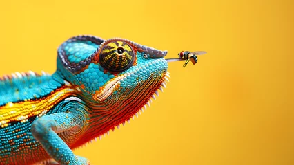 Fotobehang Colorful chameleon catches flies with outstretched tongue. © Art.disini