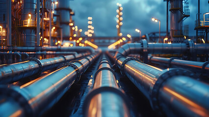 Pipe line connection in oil refinery, chemical, hydrogen or ammonia industrial plant. - obrazy, fototapety, plakaty