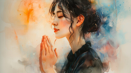 Watercolor artwork of a woman praying. generative ai