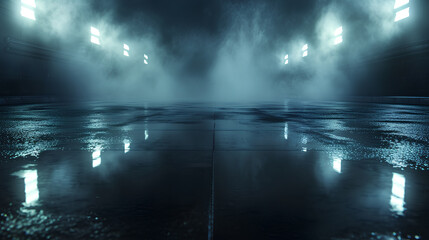 Nighttime street scene, wet road from rain, and smoky fog - obrazy, fototapety, plakaty