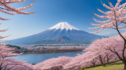 View of cherry blossoms against the backdrop of beautiful mountains and blue skies. - obrazy, fototapety, plakaty