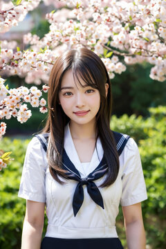 満開の桜の前でカメラ目線で微笑む日本人女性の高校生・学生（美人モデル）