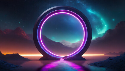 Vibrant 3D render of neon light ring against dark sky backdrop.
