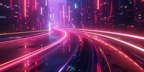 Fototapeta na wymiar Vibrant neon lights illuminating a wet highway in a futuristic cityscape at night.