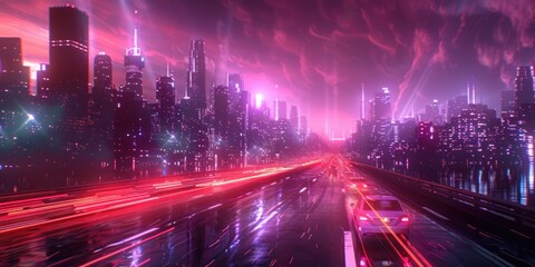 Fototapeta na wymiar Vibrant neon lights illuminating a wet highway in a futuristic cityscape at night.