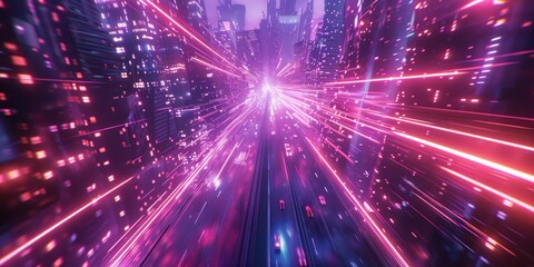Vibrant neon lights illuminating a wet highway in a futuristic cityscape at night.