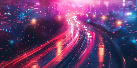 Vibrant neon lights illuminating a wet highway in a futuristic cityscape at night.