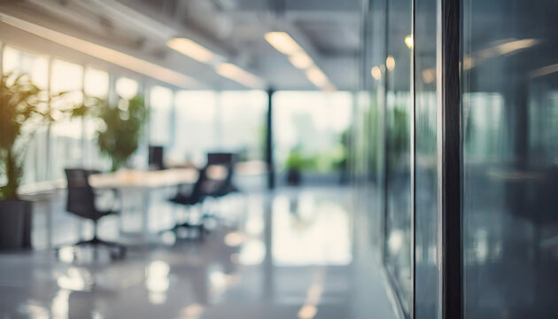 blurred glass modern office interior room with defocused effect, symbolizing creativity and innovation.