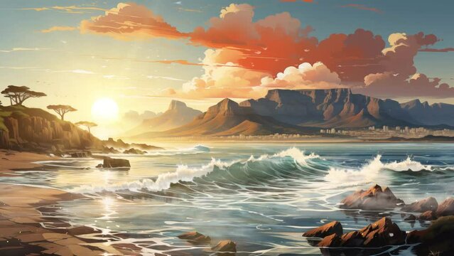 cartoon anime illustration beach with sunset illustration background. cape town table mountain backdrop coastal beach. seamless looping overlay 4k virtual video animation background 