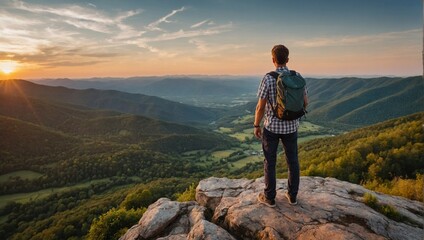 Man with backpack standing on top of a mountain and looking at the sunset. - obrazy, fototapety, plakaty