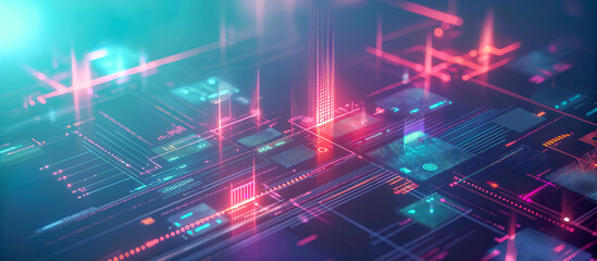 Abstract bright holographic background digital data stream infographic - Integrated artificial intelligent system network circuit