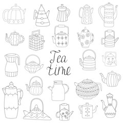 Set of teapots, kettles. Hand drawn illustration kitchen tools.