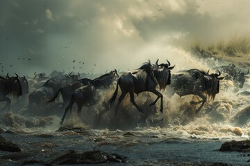  Wildebeests crossing the Mara river  - Powered by Adobe