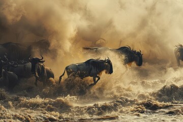 Obraz na płótnie Canvas Wildebeests crossing the Mara river 