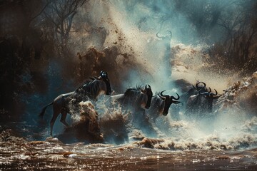  Wildebeests crossing the Mara river  - obrazy, fototapety, plakaty