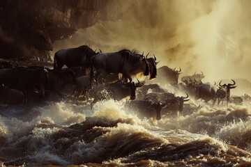  Wildebeests crossing the Mara river  - obrazy, fototapety, plakaty