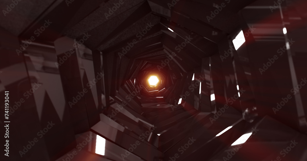 Poster abstract metallic shiny dark black polyhedral tunnel frame from lines of hexagonal edges, mechanical