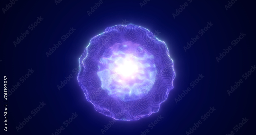 Poster abstract glowing looped light energy blue sphere atom from lines of wave dots and particles abstract