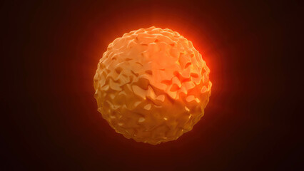 Yellow energy magic sphere round high-tech digital iridescent morphing ball of liquid metal with light rays lines and energy particles. Abstract background