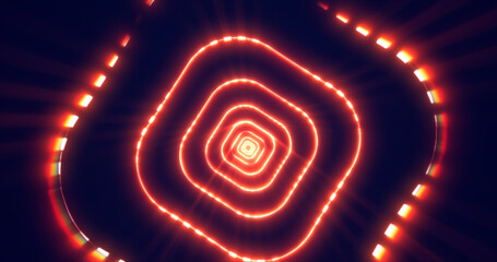 Yellow orange energy digital square rectangle tunnel frame made of lines and dots futuristic magical glowing bright. Abstract background