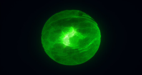 Energy abstract green sphere of glowing liquid plasma, electric magic round energy ball background