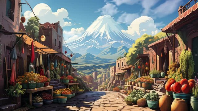 beautiful nature illustration. vibrant markets atlas mountains background. anime cartoon background illustration concept. . seamless looping overlay 4k virtual video animation background 