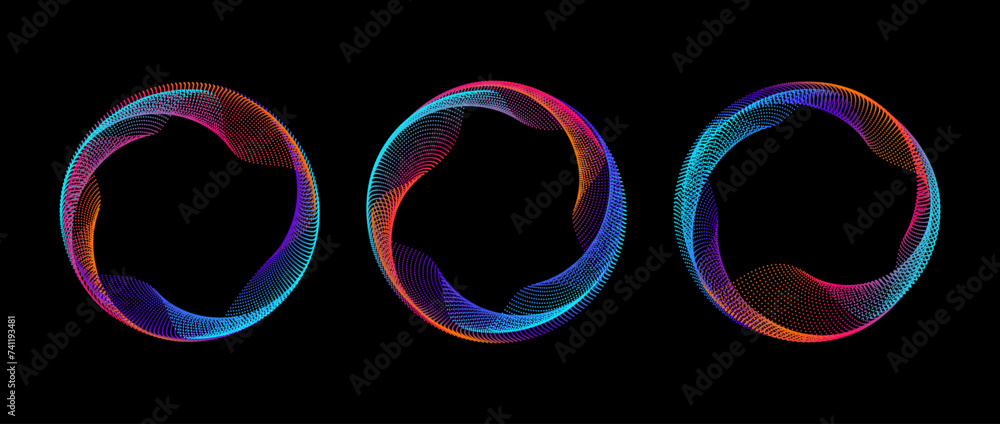 Poster Neon iridescent gradient dotted circle set. Colorful glowing round tech frame collection. Curved wave dot line circles on black background. Bright spinning circular border pack. Vector element bundle
