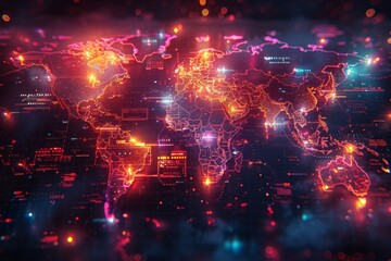 Dynamic holographic world map with vibrant data points and connections, symbolizing global digital connectivity