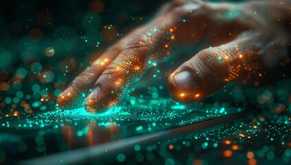 person's hand interacting with futuristic technology, vibrant digital particles emanating from touch