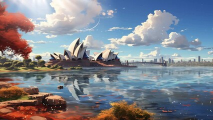 cartoon anime flat illustration concept. iconic opera house harbor views. seamless looping overlay 4k virtual video animation background 