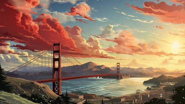 golden gate bridge hilly street. anime cartoon background illustration concept. . seamless looping overlay 4k virtual video animation background 