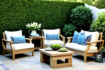 Charming Serene Garden Patio With Cozy Outdoor Furniture, Accent Pillows and Relaxing Setting. Table and chairs
