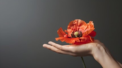 Red Poppy Being Held In Hand Close Up (Generative AI)