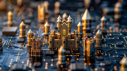 A castle constructed from metallic materials stands amidst an intricate circuit board landscape, depicting a digital kingdom