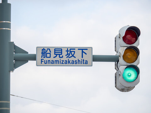 「船見坂下」交差点の道路標識(案内標識)。北海道小樽市内。
